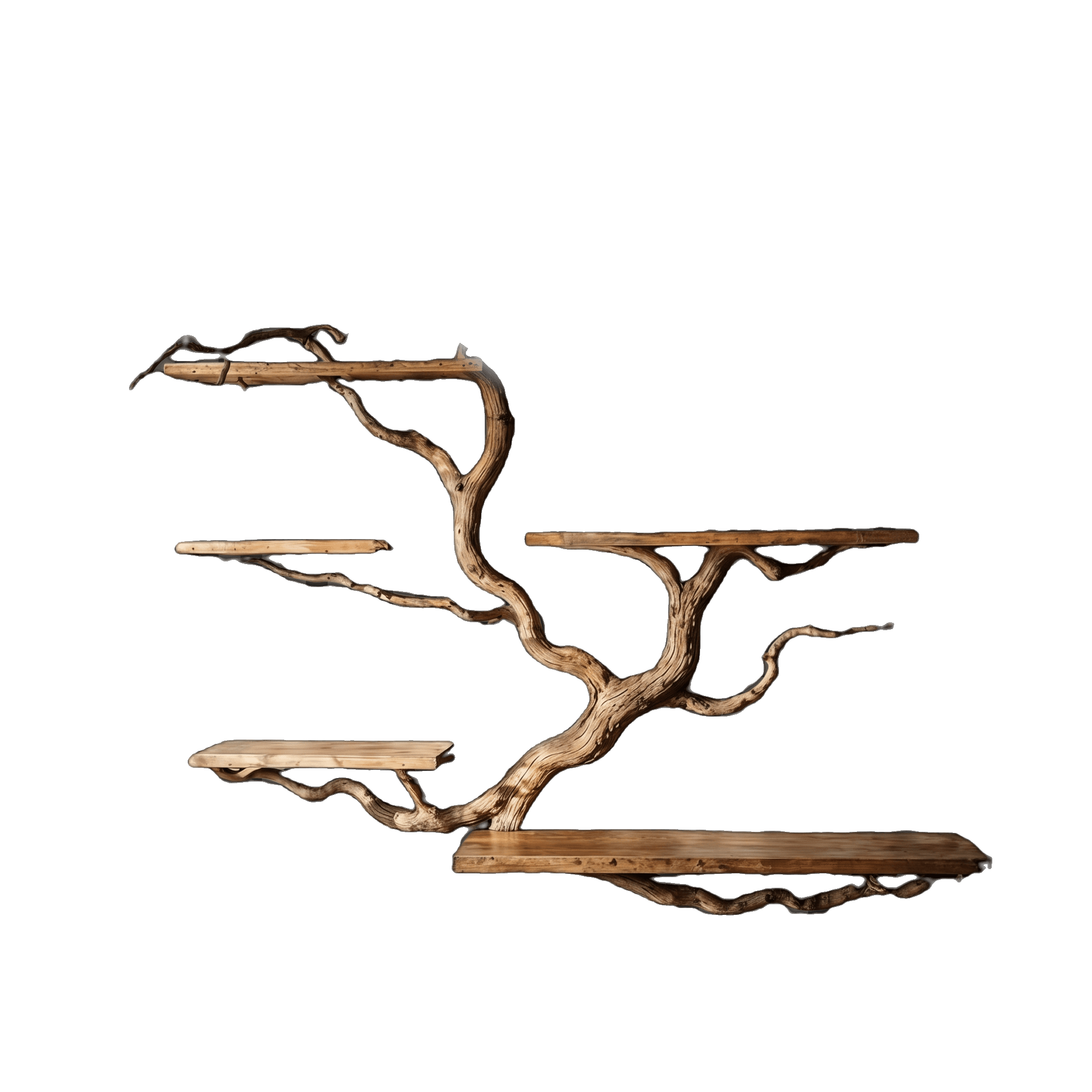 Driftwood tree with wooden shelves — a living archive